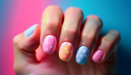 Model’s hand showcasing a playful polka dot nail design with bright pastel shades.