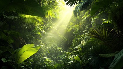 Wall Mural - Sunlight streaming through the dense foliage of a lush tropical jungle.