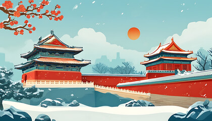 Winter Scene of Palace Museum and Temple of Heaven with Chinese Style Elements and Ancient Architecture