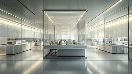 Modern office space with glass walls and minimalistic design.