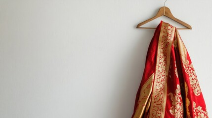 A bold red and gold saree with traditional patterns, draped on a wooden hanger against a minimalistic white wall.