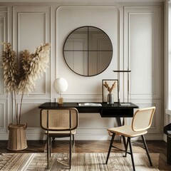 Wall Mural - Modern home office with rattan chairs, black wood desk, beige cabinet, and round mirror on white wall, stylish minimalist interior design.