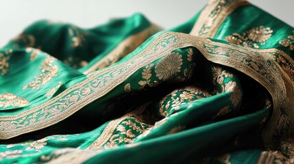 Poster - A luxurious emerald green silk sari with intricate golden embroidery, elegantly draped against a soft white background.