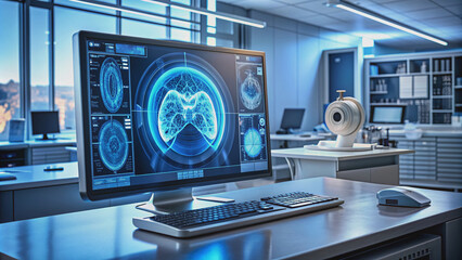 A sleek computer monitor displays a detailed medical scan, highlighting advanced healthcare technology and diagnostic capabilities in a modern clinical setting.