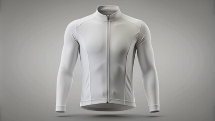 Empty plain white professional cycling jersey with long sleeves and a zipper lying on a plain background, ready for customization with sponsor logos and branding.