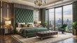 © Sandra - Luxurious bedroom features plush green velvet bed, stylish gold accents, and sleek furnishings, with a large window revealing a stunning balcony view of the cityscape.