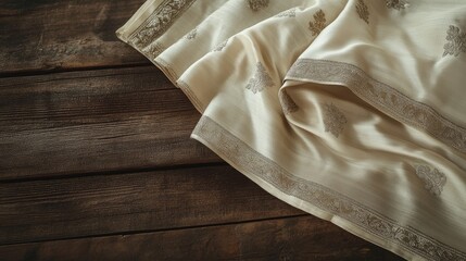 A traditional beige silk dhoti with silver embroidery, folded on a rustic wooden table, no logos.