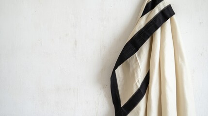 A traditional cream-colored dhoti with black border, folded and displayed against a plain white wall.