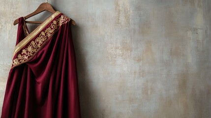 A traditional maroon dhoti with gold detailing, elegantly draped on a wooden hanger against a neutral wall.