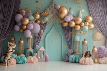 Wall Mural - A room decorated with gold and purple balloons and a tiger