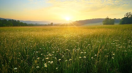 Wall Mural - Sunlit Meadow with Daisies and Distant Hills at Sunrise