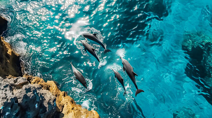 Aerial view Group of dolphins swimming in the ocean with crashing waves, symbolizing the beauty of marine life. Protect animals and the ocean environment. Background marine life