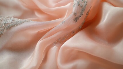 Close-up of a pastel pink chiffon sari with silver threadwork, elegantly arranged on a plain light beige background.