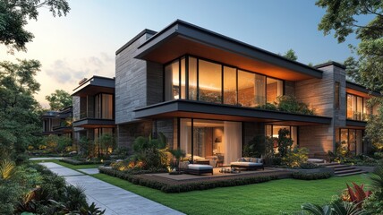 Wall Mural - Modern house with large windows, surrounded by lush greenery.