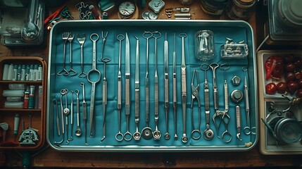 Wall Mural - Set of surgical instruments laid out on a sterile tray symbolizing precision and care in medicine