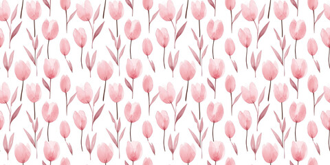 Wall Mural - a seamless light pink tulip pattern on a white background, in a watercolor, hand-drawn style