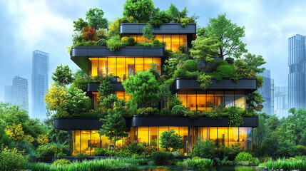 Sticker - A modern building with lush greenery on its balconies and roof.