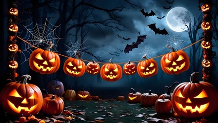 Canvas Print - halloween background with pumpkin and bats