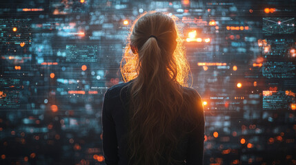 Woman looking at a screen with data.