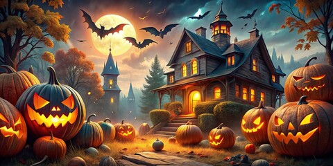 Wall Mural - Spooky Halloween Clipart Collection Featuring Pumpkins, Ghosts, Bats, and Haunted Houses for Free Use