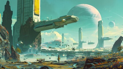 Wall Mural - Spaceship Landing on Alien Planet