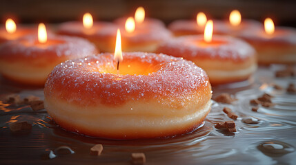 close-up of a donut candle with sugar sprinkles, surrounded by other donut candles, creating a warm 