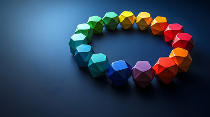 Poster - Colorful geometric shapes arranged in a circle on a dark blue background.