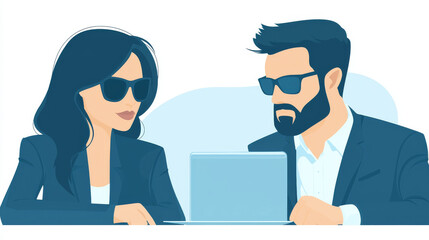 Poster - A man and woman in suits and sunglasses look at a laptop.