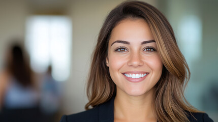 Canvas Print - A young woman with long brown hair smiles brightly.