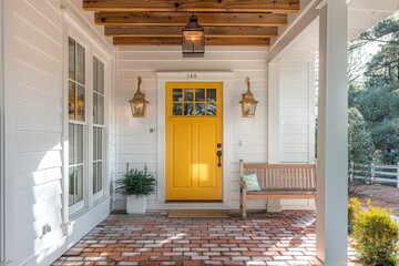 Modern farmhouse front porch featuring a yellow door, white walls with wooden beams, and brick flooring, complemented by a bench and natural lighting.