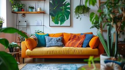 Poster - Modern Living Room with Yellow Sofa and Green Plants