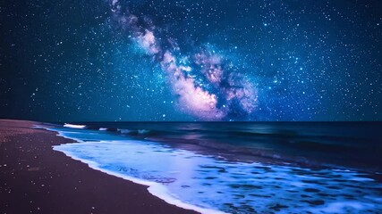 Poster - A breathtaking view of the night sky filled with stars and the Milky Way, reflecting on the tranquil ocean at a quiet beach.