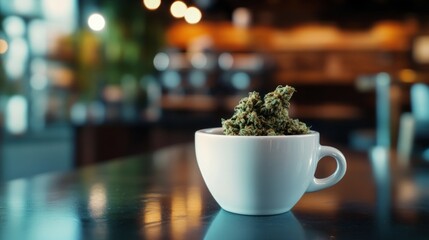 Close up of Coffee cup with marijuana bud wallpaper. Ai generated image