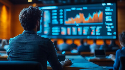 A man sits facing a large screen displaying financial data.