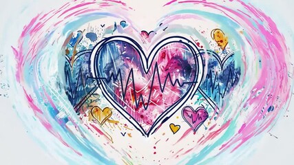 Poster - The artwork features multiple hearts in various colors, each filled with artistic patterns and a heartbeat line running through them, creating a lively and energetic composition.