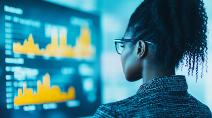 Poster - Woman analyzing data on a large screen.