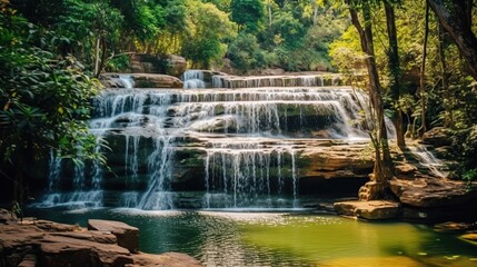 Wall Mural - Tranquil Waterfall in Lush Green Forest