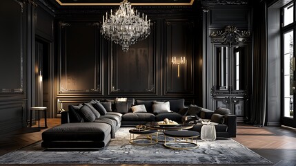 Elegant living room and lounge with a sophisticated black wall backdrop, captured in realistic HD