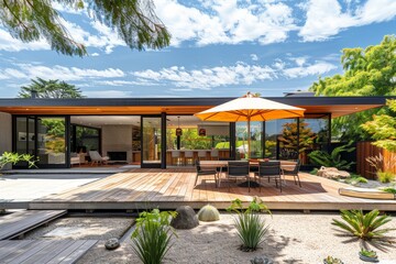  Modern Eichler house featuring a patio with an umbrella, contemporary deck furniture, and a lush outdoor seating area under a bright blue sky.