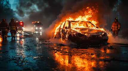 Wall Mural - Firefighters battle a car fire on a wet road.