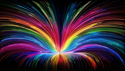 Wall Mural - Rainbow lights like neon on black background Minimalist floral pattern, Zen lines, abstract 