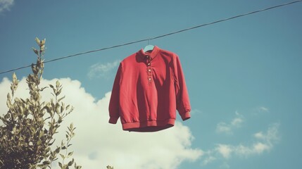 Red Sweater Hanging Against Blue Sky and Clouds