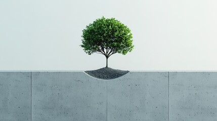 Wall Mural - Growth mindset represented by a tree growing through a concrete wall