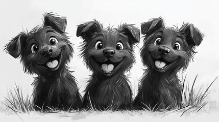 Canvas Print - Three happy black dogs looking up with big smiles.