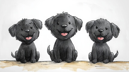 Canvas Print - Three adorable black puppies sit in a row, smiling and looking happy.