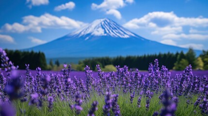 Wall Mural - Lavender Field with Mount Fuji in the Background