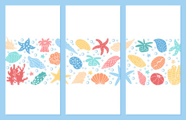Naklejka na meble Bright and playful marine life design set. Including aquatic animals like starfish, shells, and coral, these vibrant template graphic illustrations depict an underwater sea reef.