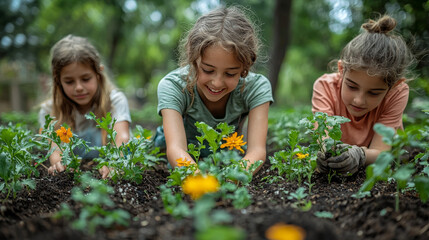 Three girls tend to a garden of blooming flowers.