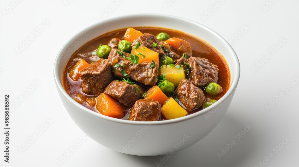 A hearty bowl of beef stew with vegetables, photographed against a minimalistic white background.