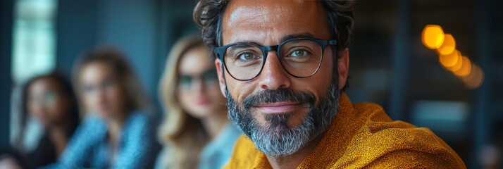 Poster - Smiling man with beard and glasses looks at the camera.